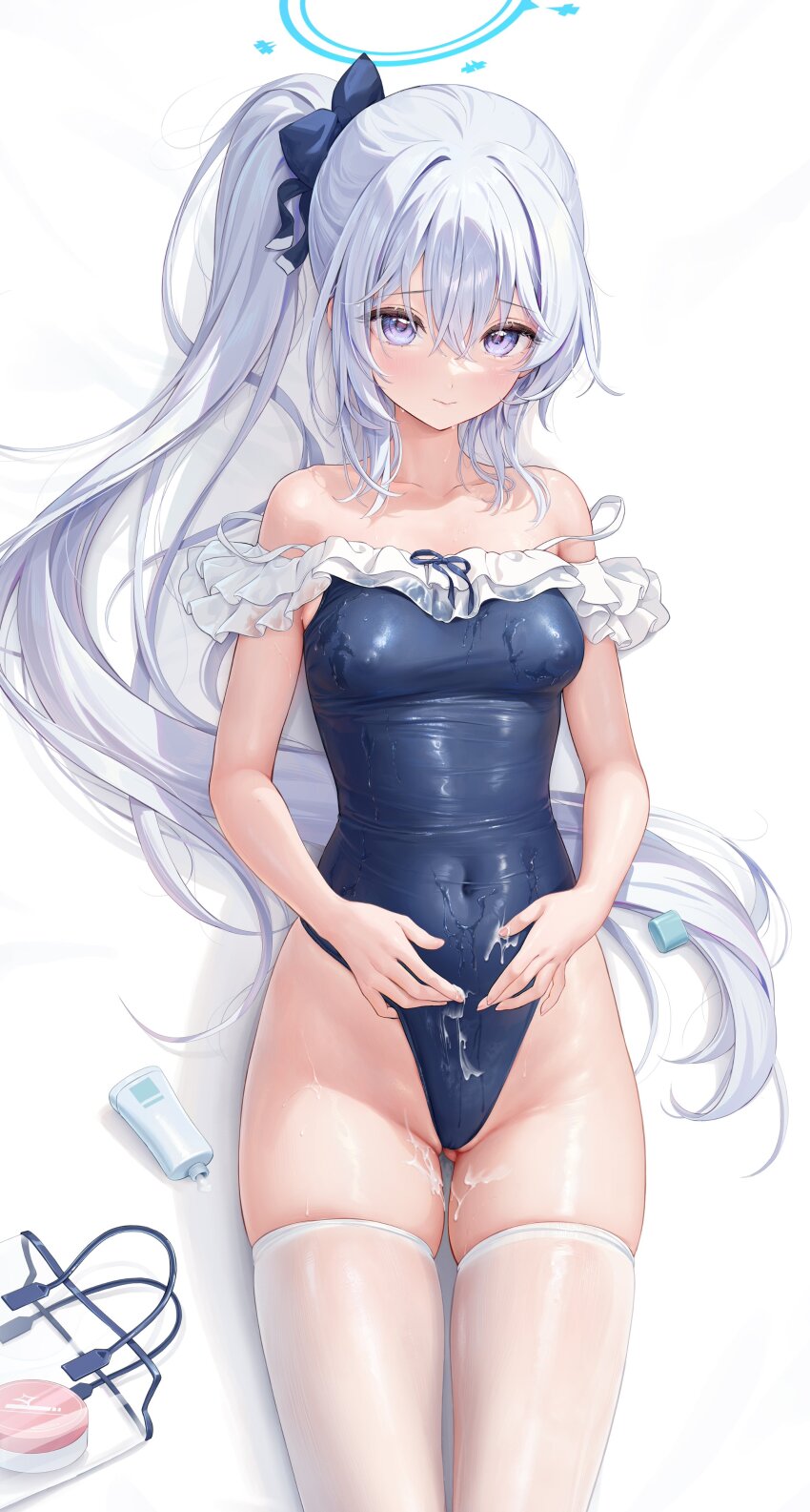1girl absurdres bag blue_archive blue_halo blue_one-piece_swimsuit breasts closed_mouth frilled_one-piece_swimsuit frills gluteal_fold grey_hair hair_between_eyes halo handbag highres houkisei long_hair looking_at_viewer lotion_bottle lying miyako_(blue_archive) miyako_(swimsuit)_(blue_archive) official_alternate_costume on_back one-piece_swimsuit ponytail purple_eyes small_breasts smile solo strap_slip swimsuit thighhighs very_long_hair white_thighhighs