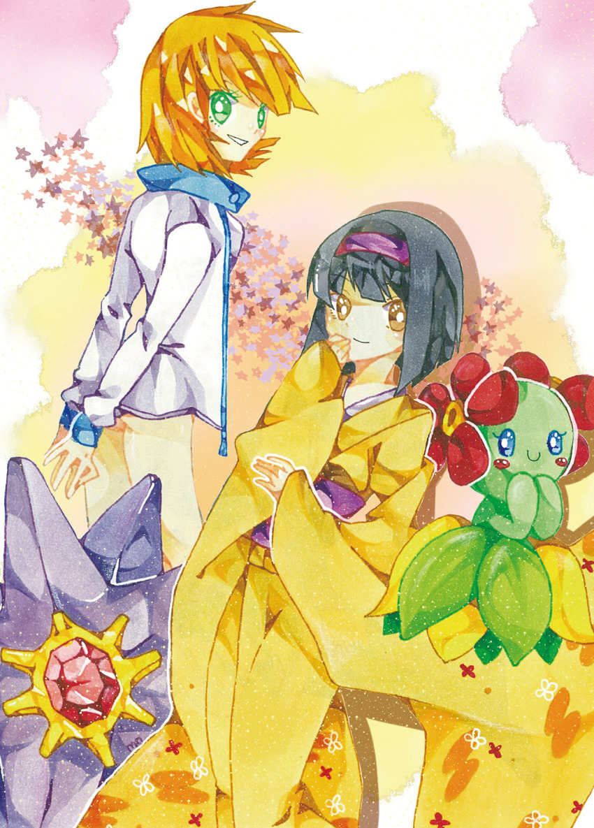 2girls bellossom black_hair bracelet brown_eyes erika_(pokemon) gen_1_pokemon gen_2_pokemon green_eyes gym_leader hairband highres jacket japanese_clothes jewelry kimono misty_(pokemon) multiple_girls nekonekomo nintendo one-piece_swimsuit pokemon pokemon_hgss ponytail robe short_hair smile starmie swimsuit yellow_kimono