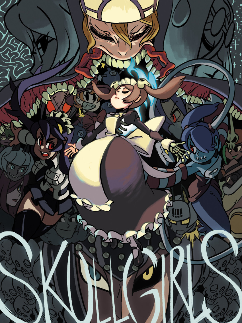 2boys 6+girls aeon_(skullgirls) alex_ahad beowulf_(skullgirls) big_band black_hair blonde_hair bloody_marie_(skullgirls) blue_eyes blue_hair brown_hair cat_girl cerebella_(skullgirls) cyborg dark_skin double_(skullgirls) dress eliza_(skullgirls) everyone closed_eyes fedora filia_(skullgirls) fukua_(skullgirls) george_the_bomb hair_over_one_eye hat highres leviathan_(skullgirls) maid mask monster_girl ms._fortune_(skullgirls) multiple_boys multiple_girls nurse_cap official_art open_mouth orange_hair painwheel_(skullgirls) parasoul_(skullgirls) peacock_(skullgirls) red_hair robo-fortune robot samson_(skullgirls) skull skullgirls squigly_(skullgirls) stitches top_hat valentine_(skullgirls) venus_(skullgirls) vice-versa_(skullgirls) white_hair yellow_eyes zombie