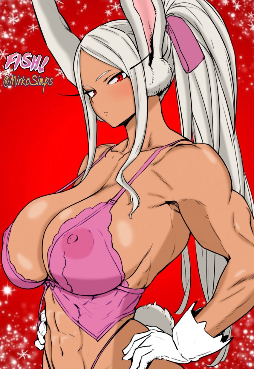 1girl abs animal_ears artist_collaboration artist_name boku_no_hero_academia bra breasts cleavage closed_mouth collarbone colorized commentary covered_erect_nipples dark-skinned_female dark_skin english_commentary gloves hair_ribbon hands_on_own_hips highleg highleg_panties highres large_breasts long_eyelashes long_hair looking_at_viewer mirko mirkosimps muscular muscular_female navel obliques panties parallaxfused parted_bangs pink_bra ponytail rabbit_ears rabbit_girl red_background red_eyes ribbon see-through_bra see-through_clothes snow snowflakes solo stomach underwear upper_body very_long_hair white_gloves white_hair