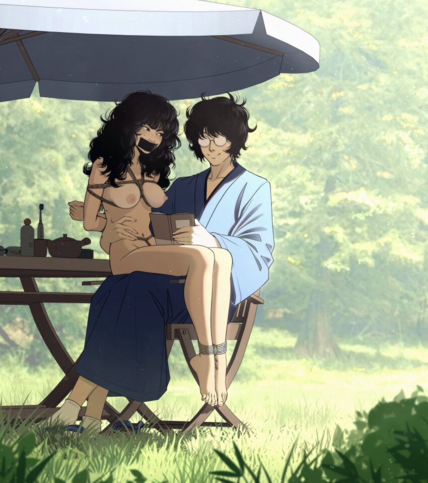 1boy 1girl absurdres barefoot bdsm black_hair blush bound breasts clothed_male_nude_female commentary completely_nude electric_toothbrush feet full_body gag gagged glasses highres hitachi_magic_wand improvised_gag japanese_clothes kimono kusujinn long_hair lotion medium_breasts nipples nude original outdoors park restrained rope sex_toy shibari sitting sitting_on_lap sitting_on_person sunscreen symbol-only_commentary tape tape_gag toothbrush torso_grab vibrator