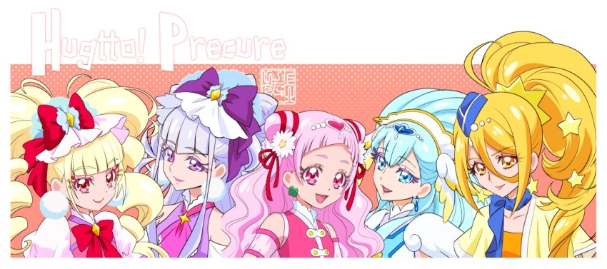 5girls :d aisaki_emiru artist_logo blonde_hair blue_eyes blue_hair cone_hair_bun copyright_name cure_amour cure_ange cure_etoile cure_macherie cure_yell drill_hair earrings eyelashes hair_bun hair_ornament hair_ribbon happy hugtto!_precure jewelry kagayaki_homare kamikita_futago logo long_hair looking_at_viewer magical_girl multiple_girls nono_hana open_mouth pink_eyes pink_hair pom_pom_(clothes) pom_pom_earrings ponytail precure purple_eyes purple_hair red_eyes ribbon ruru_amour smile star_(symbol) star_earrings twin_drills wavy_hair yakushiji_saaya yellow_eyes