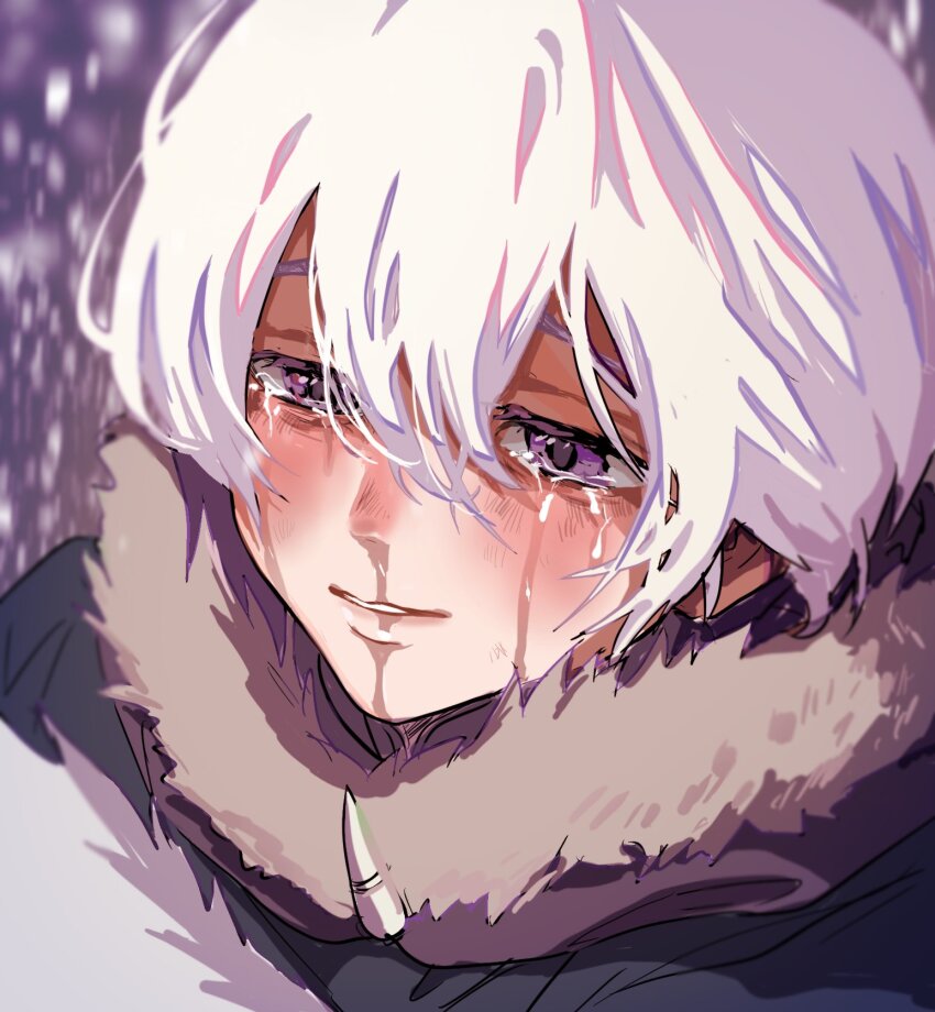 1boy coat crying fumetsu_no_anata_e fur_trim hair_between_eyes highres male_focus parted_lips portrait purple_eyes runny_nose short_hair smile snot snow solo tears the_nameless_boy_(fumetsu_no_anata_e) white_hair winter_clothes winter_coat yuuinami