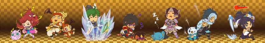 burnt checkered_background chibi chimchar chosokabe_motochika confused dratini frozen game_freak gen_1_pokemon gen_4_pokemon gen_5_pokemon highres japanese_clothes jigglypuff mori_ranmaru mouri_motonari nintendo oichi oichi_(pokemon_conquest) oichi_(sengoku_musou) oshawott paralysis poison pokemon pokemon_conquest sanada_yukimura_(sengoku_musou) sengoku_musou shinx sleeping snivy tachibana_ginchiyo tepig toyotomi_hideyoshi