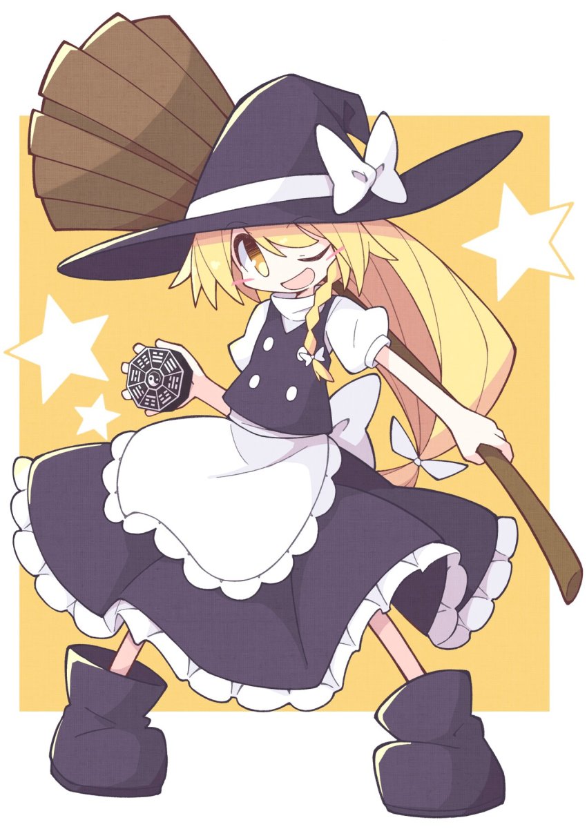 1girl apron asameshi back_bow black_boots black_hat black_skirt black_vest blonde_hair blush_stickers boots bow braid broom full_body hair_bow hat hat_bow highres holding holding_broom kirisame_marisa long_hair low-tied_long_hair mini-hakkero one_eye_closed open_mouth shirt short_sleeves single_braid skirt smile solo star_(symbol) touhou turtleneck vest waist_apron white_bow white_shirt witch_hat yellow_background yellow_eyes