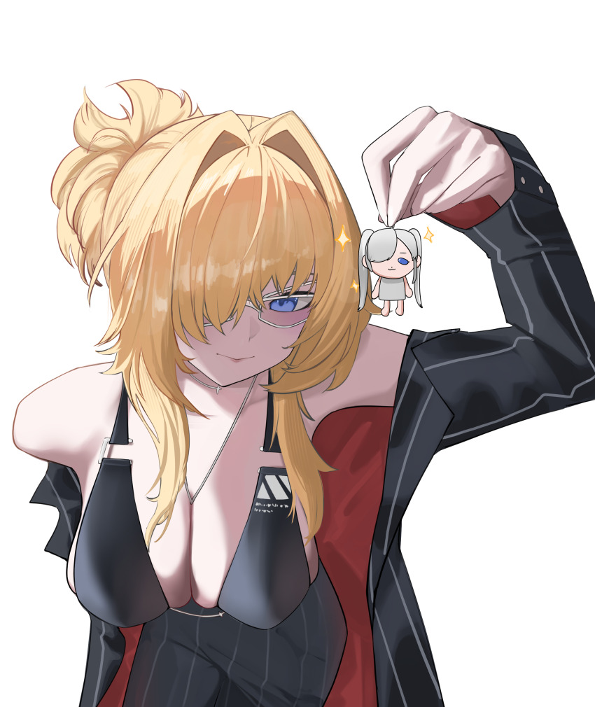 1girl absurdres bikini bikini_under_clothes black_jacket black_pants blonde_hair blue_eyes breasts character_doll cinderella_(nikke) doll glasses goddess_of_victory:_nikke grave_(beautiful_you)_(nikke) grave_(nikke) hair_over_one_eye highres ineedpuppy jacket large_breasts looking_at_viewer official_alternate_costume pants solo swimsuit white_background