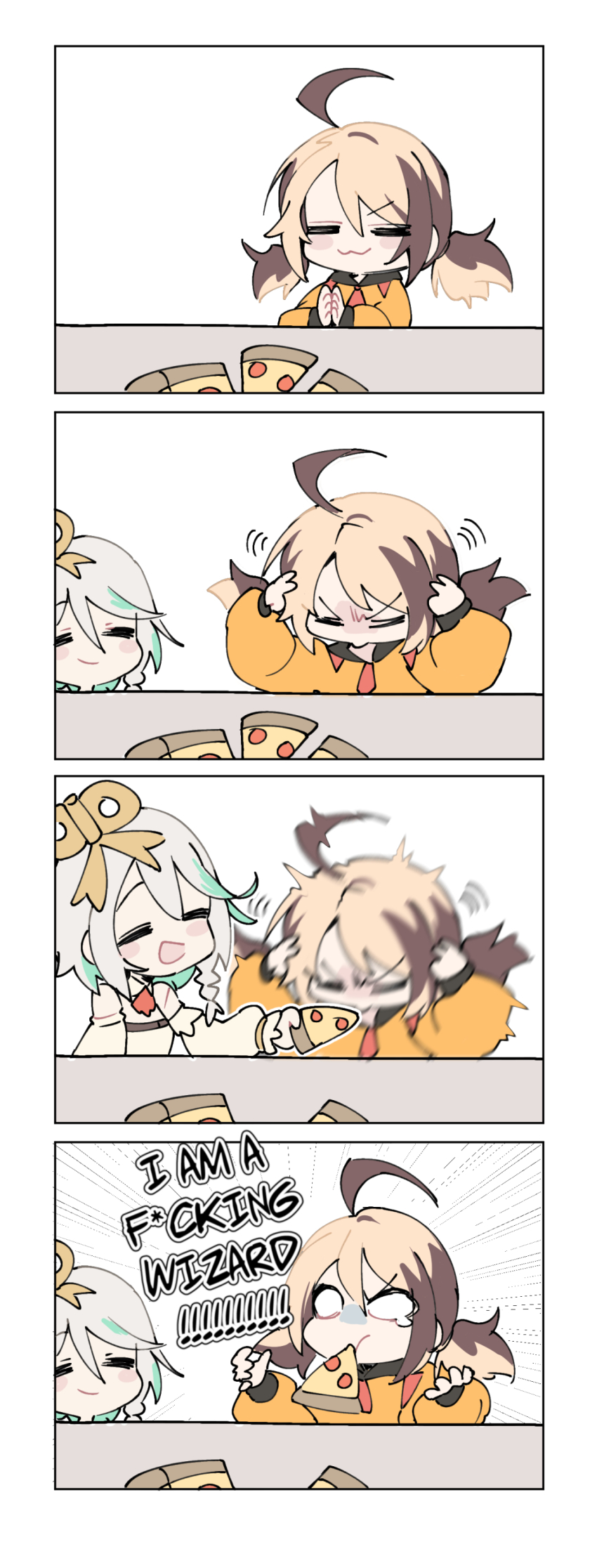 2girls =_= absurdres ascot blush_stickers cecilia_immergreen cecilia_immergreen_(1st_costume) chibi commentary detached_sleeves dress eating emphasis_lines english_commentary english_text eri_(erikiri) food food_in_mouth gigi_murin gigi_murin_(1st_costume) green_hair hands_on_own_head highres hololive hololive_english long_sleeves man_levitating_pizza_(meme) meme multiple_girls orange_shrug pizza red_ascot smile speech_bubble v-shaped_eyebrows virtual_youtuber white_dress white_hair winding_key