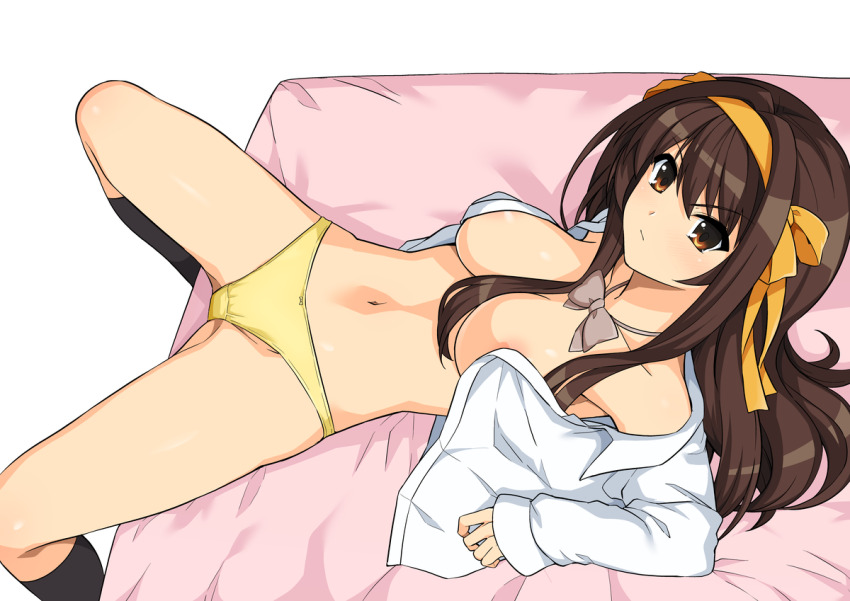 1girl arm_support bed black_socks bow bowtie breasts brown_bow brown_bowtie brown_eyes brown_hair closed_mouth from_side hair_ribbon hairband haruhisky kneehighs kouyouen_academy_school_uniform long_hair looking_at_viewer looking_up lying no_bra official_alternate_costume official_alternate_hair_length official_alternate_hairstyle on_back on_bed open_clothes open_shirt orange_hairband orange_ribbon panties ribbon school_uniform shirt simple_background socks solo spread_legs suzumiya_haruhi suzumiya_haruhi_no_yuuutsu underwear white_background white_shirt yellow_panties