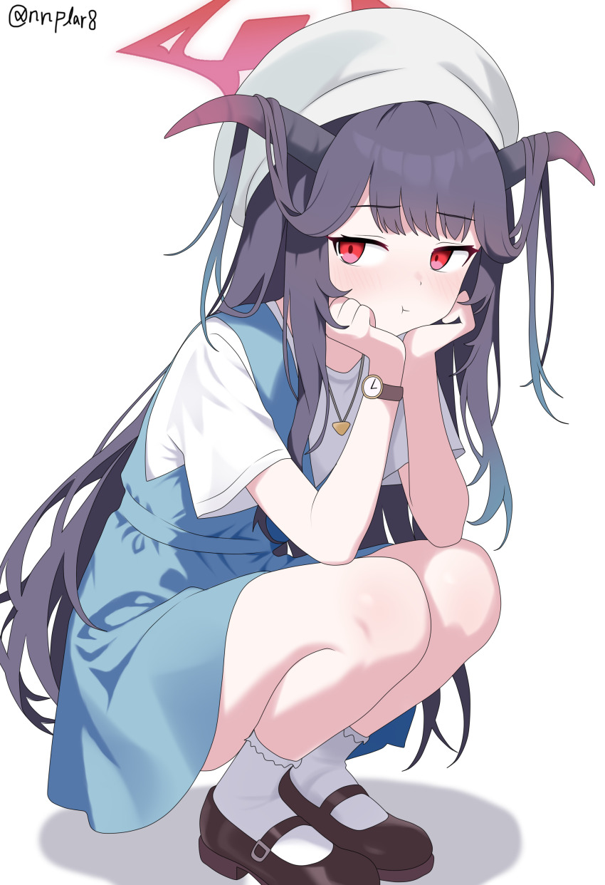 1girl absurdres black_hair blue_archive blue_dress blush brown_shoes chef_hat closed_mouth commentary demon_girl demon_horns dress elbows_on_knees full_body fuuka_(blue_archive) fuuka_(casual)_(blue_archive) hair_on_horn halo hands_on_own_cheeks hands_on_own_face hat highres horns jewelry long_hair looking_at_viewer necklace official_alternate_costume potgit pout red_eyes red_halo shirt shoes short_sleeves simple_background sleeveless sleeveless_dress socks solo squatting very_long_hair watch white_background white_hat white_shirt white_socks wristwatch