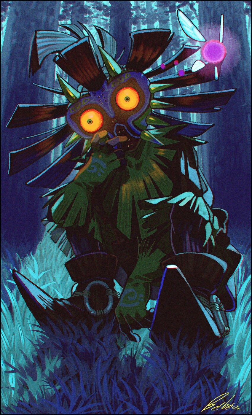 1boy dark_skin facing_viewer fairy forest gloves glowing glowing_eyes grass green_gloves hand_up hat highres kwsby_124 mask nature night nintendo outdoors shoes shorts skull_kid spiked_mask squatting tael the_legend_of_zelda the_legend_of_zelda:_majora&#039;s_mask