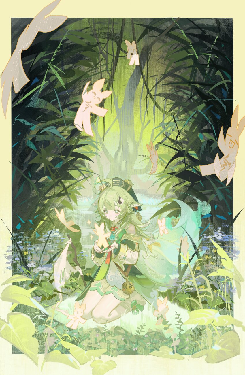 1girl absurdres ahoge animal_ears blunt_bangs border day detached_sleeves flag floating floating_object fox_ears from_above grass green_eyes green_hair green_hat green_shirt green_shorts green_theme hat highres honkai:_star_rail honkai_(series) huohuo_(honkai:_star_rail) kosuke_(camaoooo) long_hair on_grass outdoors outside_border paper_doll seiza shirt shorts sitting sleeveless sleeveless_shirt solo sparkle talisman tassel torn_flag tree water wide_shot yellow_border yin_yang_hair_ornament