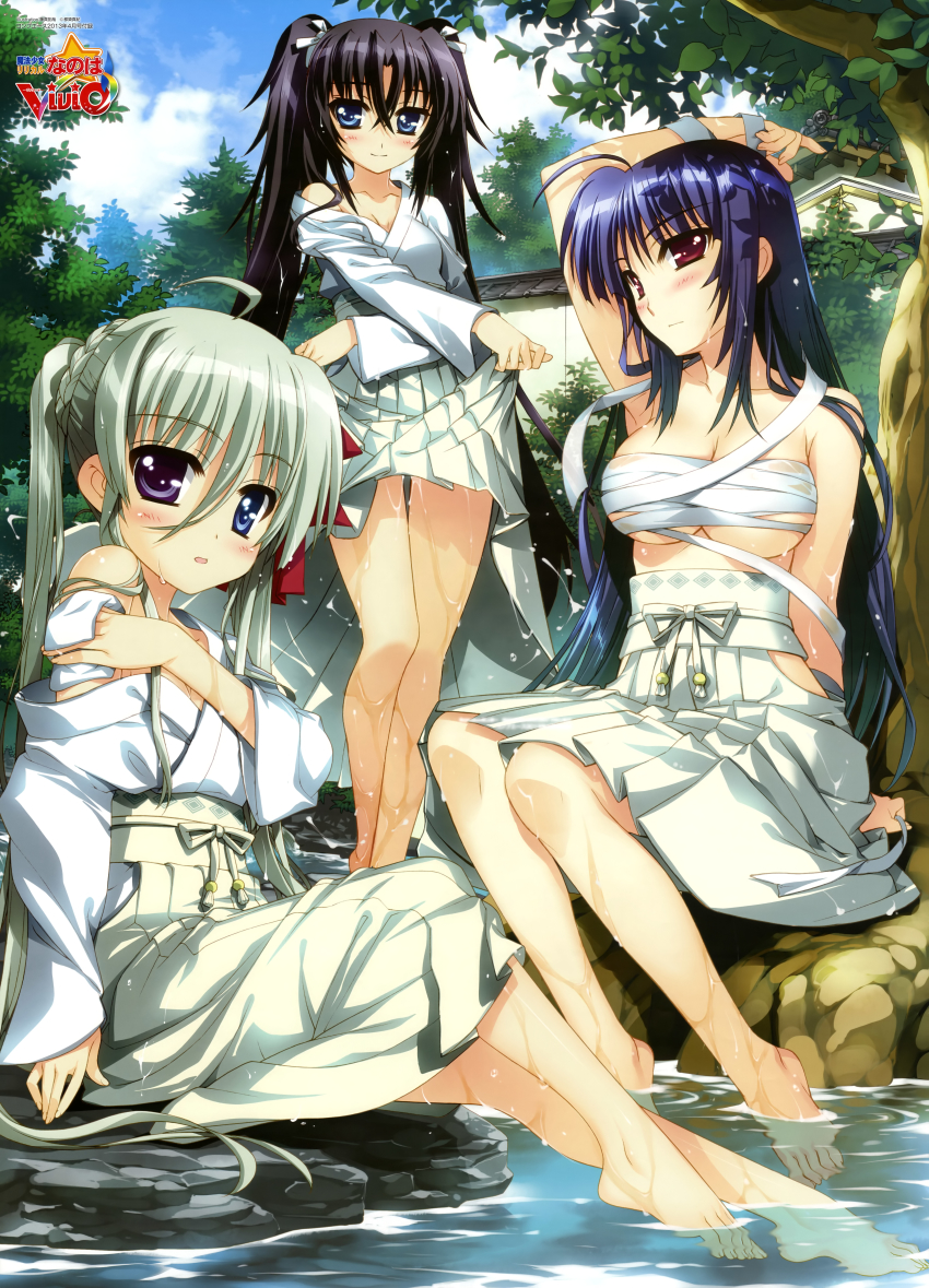 10s 3girls absurdres ahoge arm_up bare_legs barefoot black_hair blue_hair breasts cleavage clothes_lift einhard_stratos feet fujima_takuya green_hair hair_between_eyes hakama hakama_lift hakama_skirt heterochromia highres huge_filesize japanese_clothes large_breasts light_smile long_hair lyrical_nanoha mahou_shoujo_lyrical_nanoha mahou_shoujo_lyrical_nanoha_vivid mikaya_chevelle miko multiple_girls off_shoulder red_eyes sarashi scan sieglinde_eremiah sitting skirt smile soaking_feet very_long_hair water wet