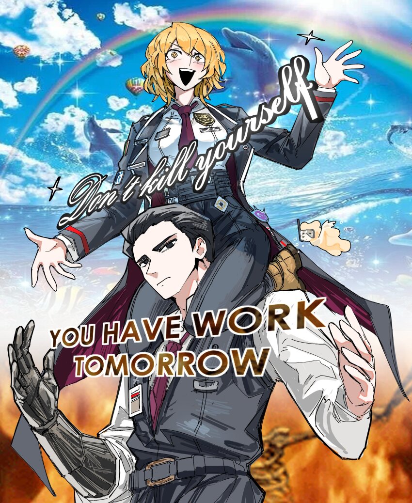 1boy 1girl absurdres carrying dolphin don_quixote_(project_moon) english_text heartbreak_juan highres limbus_company long_sleeves looking_at_viewer mechanical_arms meursault_(project_moon) necktie piggyback project_moon rainbow shirt single_mechanical_arm sitting sitting_on_person sleeve_rolled_up snorkel star-shaped_pupils star_(symbol) stuffed_animal stuffed_toy symbol-shaped_pupils teddy_bear white_shirt