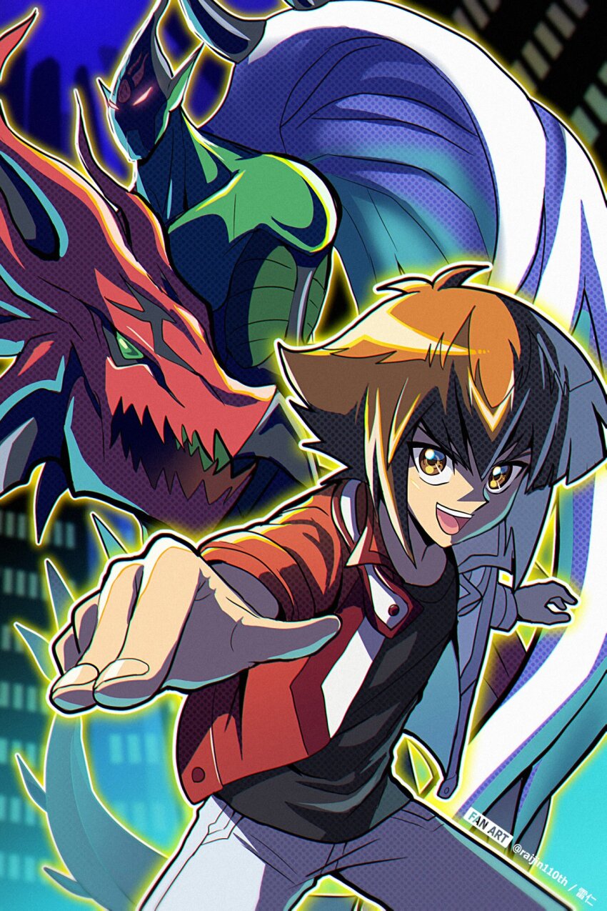 1boy black_shirt brown_eyes building cowboy_shot duel_academy_uniform_(yu-gi-oh!_gx) duel_monster elemental_hero_flame_wingman gotcha hair_between_eyes highres jacket long_sleeves looking_at_viewer male_focus multicolored_hair pants pointing pointing_at_viewer raijin-bh red_jacket shirt short_hair skyscraper two-tone_hair yu-gi-oh! yu-gi-oh!_gx yuki_judai