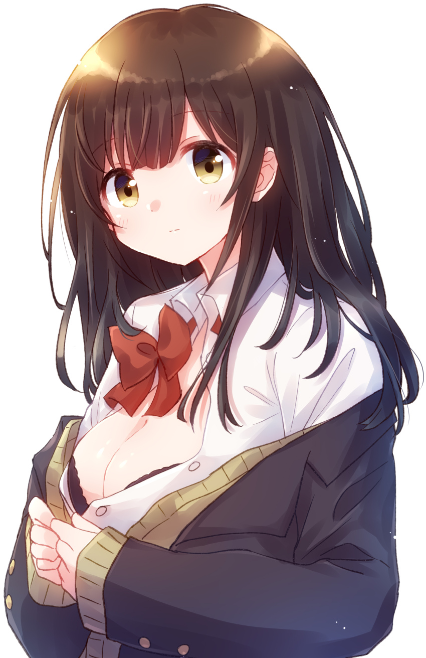 1girl absurdres black_bra black_jacket blazer bow bowtie bra bra_peek breasts brown_cardigan brown_eyes brown_hair cardigan cleavage closed_mouth collared_shirt commentary_request hige_wo_soru._soshite_joshikousei_wo_hirou. highres jacket large_breasts long_sleeves looking_at_viewer nyaa_(nnekoron) off_shoulder ogiwara_sayu red_bow red_bowtie shirt simple_background solo underwear undressing upper_body white_background white_shirt