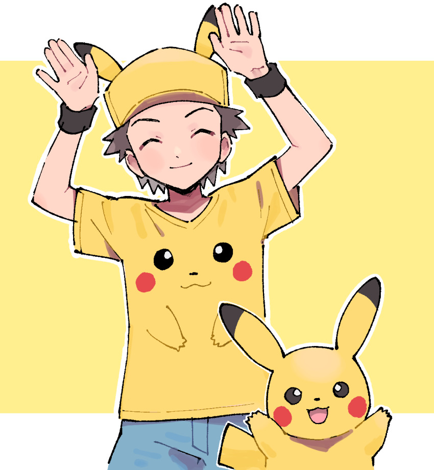 1boy animal_ears blue_pants brown_hair closed_eyes commentary_request fake_animal_ears gen_1_pokemon hat highres male_focus nintendo pants pikachu pokemon pokemon_(creature) pokemon_frlg pumpkinpan red_(pokemon) shirt wristband yellow_hat yellow_shirt