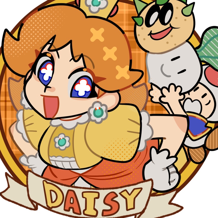 1boy blue_eyes bright_pupils brown_hair crown dancho_no_mori dress earrings flipped_hair flower-shaped_pupils flower_earrings hands_on_own_hips highres jewelry leaning_forward looking_at_viewer mario_(series) mini_crown nintendo open_mouth pokey_(mario) princess princess_daisy puffy_short_sleeves puffy_sleeves short_sleeves smile super_smash_bros. symbol-shaped_pupils toad_(mario) turnip_(mario) white_pupils yellow_dress
