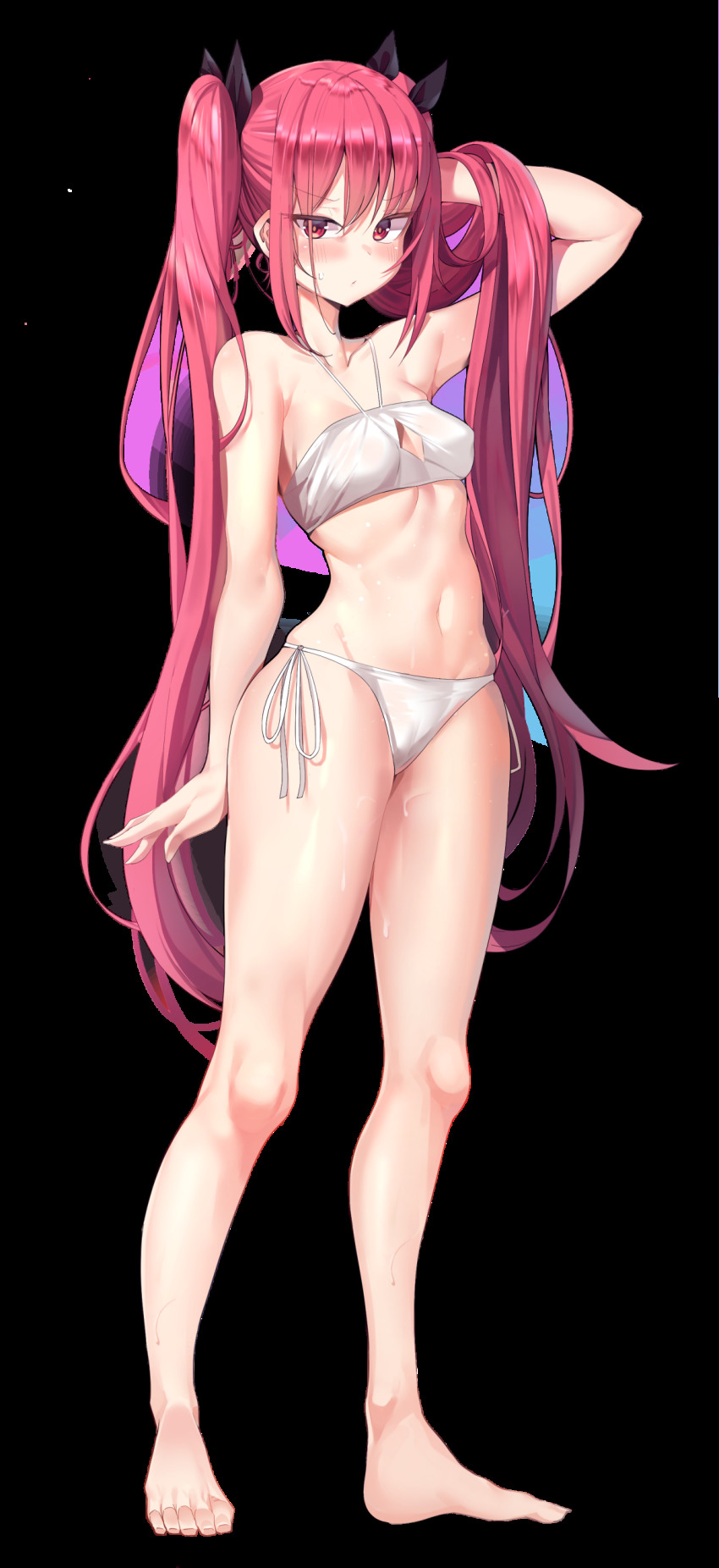 1girl absurdres barefoot bikini black_ribbon breasts collarbone commission date_a_live female_focus full_body gradient_sky hair_ribbon halterneck highres itsuka_kotori k_pring long_hair looking_at_viewer navel red_eyes red_hair ribbon side-tie_bikini_bottom simple_background sky small_breasts solo standing swimsuit transparent_background twintails white_background white_bikini