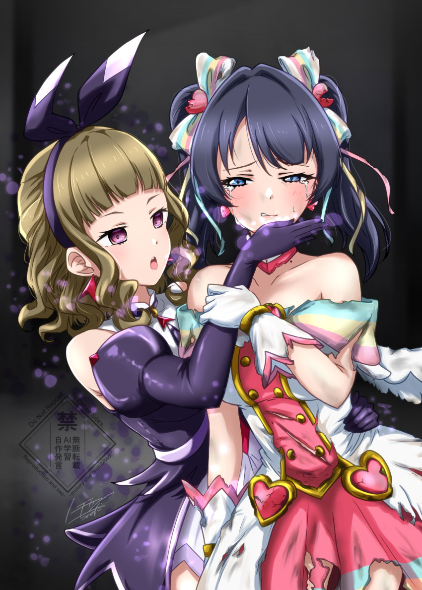 2girls absurdres bare_shoulders black_background black_dress blue_eyes blue_hair blunt_bangs blush brown_hair buttons clenched_teeth collarbone commentary_request cowboy_shot crying crying_with_eyes_open dark_blue_hair double-breasted dress earrings elbow_gloves empty_eyes gloves hair_intakes hair_ribbon half-closed_eyes hand_on_another&#039;s_hip highres jewelry kachimachi_kosuzu kachimachi_kosuzu_(mahou_shoujo_rhythmic_heart) link!_like!_love_live! long_hair looking_at_another love_live! magical_girl mole mole_on_neck multicolored_dress multiple_girls murano_sayaka murano_sayaka_(mahou_shoujo_rhythmic_heart) noochan_chonoda off-shoulder_dress off_shoulder official_alternate_costume official_alternate_hairstyle open_mouth pink_dress pink_eyes ribbon short_dress sidelocks signature sleeveless sleeveless_dress tears teeth torn_clothes torn_dress twintails upper_teeth_only variant_set virtual_youtuber watermark wavy_hair white_dress white_gloves white_ribbon