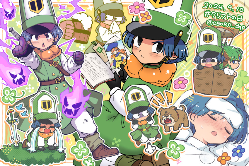 1girl 1other 2boys aircraft alcohol alena_(dq4) beer black_eyes black_gloves blue_cape blue_eyes blue_hair blunt_bangs blunt_ends blush book bookmark buttons cape chibi clenched_hand clift closed_eyes clover coat commentary_request covering_own_mouth cup curly_hair dated dog double-breasted dragon_quest dragon_quest_iv dress drink fever floating_clothes floating_hair foam four-leaf_clover gloves gold_headdress green_coat green_hair handkerchief hashtag hat heavy_breathing hero_(dq4) holding holding_cup holding_drink holding_handkerchief hot_air_balloon jumping looking_at_object looking_at_viewer looking_back looking_up lying magic male_focus mitre multiple_boys multiple_views oboro_dqp on_back one_eye_closed open_book open_mouth orange_hair orange_scarf overcoat pants pointing pointing_at_viewer scared scarf sobbing solo_focus sword sword_on_back translation_request twitter_username weapon weapon_on_back white_pants wide-eyed yellow_dress zenithian_sword