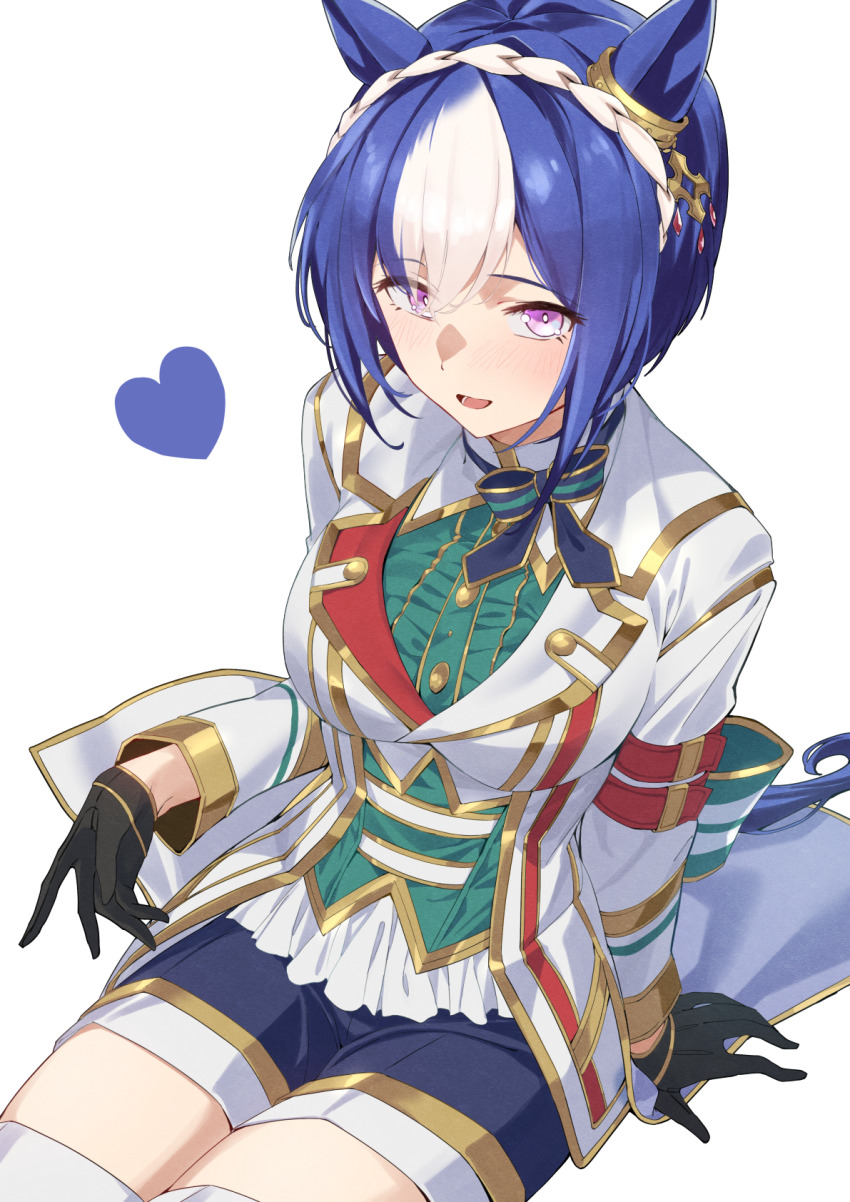 1girl animal_ears black_gloves blue_hair blue_shorts braid cesario_(umamusume) commentary_request gloves heart highres horse_ears horse_girl horse_tail jacket kagari_liroi long_sleeves looking_at_viewer multicolored_hair pink_eyes shorts simple_background sitting solo tail two-tone_hair umamusume white_background white_hair white_jacket
