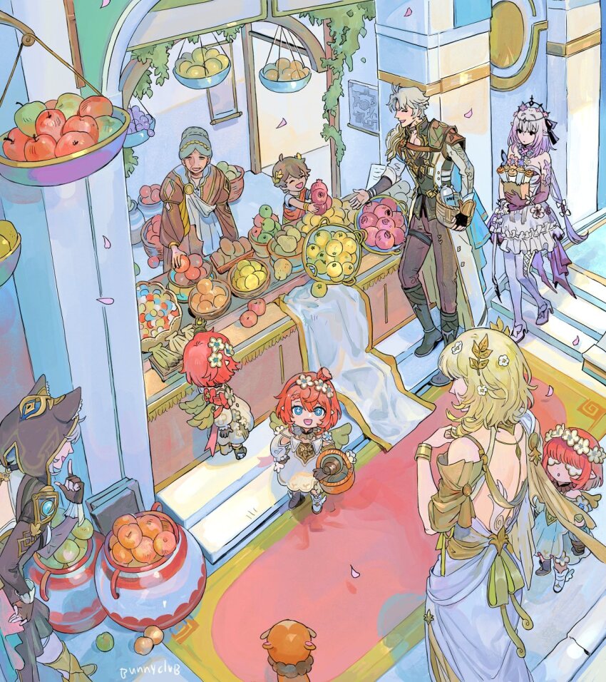 2boys 6+girls :d :o aglaea_(honkai:_star_rail) ancient_greek_clothes angel_wings animal_ears apple armor artist_name asymmetrical_footwear asymmetrical_gloves bag banana basket black_boots black_choker black_dress black_gloves black_shirt black_tiara blindfold blonde_hair blue_eyes boots bracelet bright_pupils brown_dress brown_hair brown_pants bunnyclvb castorice_(honkai:_star_rail) cat_ears cat_girl child choker cipher_(honkai:_star_rail) closed_eyes closed_mouth coat commentary dress ears_through_hood elbow_gloves english_commentary facing_another falling_petals fingerless_gloves flower flower-shaped_pupils flower_hairband food fruit gloves gold_bracelet greco-roman_clothes grey_hair hair_flower hair_ornament hairband hand_up head_wreath high_heel_boots high_heels highres holding holding_bag holding_basket holding_food holding_fruit honkai:_star_rail honkai_(series) hood hood_up index_finger_raised jewelry laurel_crown long_hair long_sleeves looking_at_another medium_hair mismatched_footwear multiple_boys multiple_girls old old_woman one_side_up open_mouth pants paper_bag parted_lips pauldrons petals phainon_(honkai:_star_rail) pink_petals pointy_ears purple_gloves purple_hair red_hair shirt shop shopping short_hair short_sleeves shoulder_armor single_glove single_pauldron sleeveless sleeveless_dress smile standing symbol-shaped_pupils thigh_boots tiara trianne_(honkai:_star_rail) tribbie_(honkai:_star_rail) trinnon_(honkai:_star_rail) triplets uneven_gloves white_blindfold white_boots white_coat white_dress white_flower white_pupils winged_boots wings yellow_wings