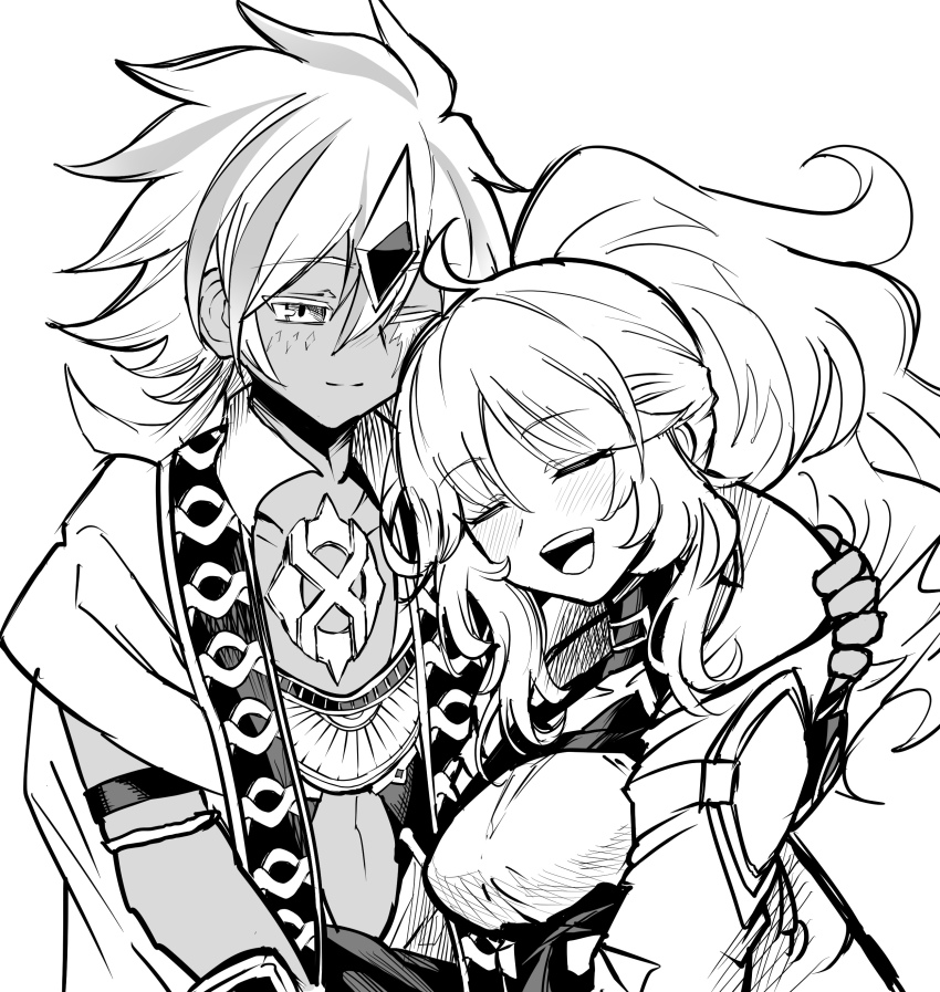1boy 1girl absurdres ahoge albaz_(yu-gi-oh!) blush breasts closed_eyes closed_mouth collarbone duel_monster ecclesia_(yu-gi-oh!) fallen_of_albaz forehead_jewel greyscale hair_between_eyes hand_on_another&#039;s_back highres hug incredible_ecclesia_the_virtuous long_hair looking_at_another medium_breasts monochrome official_alternate_costume one_eye_closed open_mouth ponytail short_hair simple_background smile synchroman white_background white_hair yu-gi-oh!