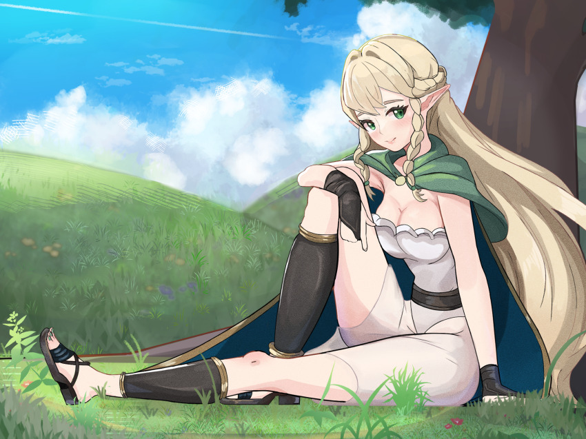 1girl bare_shoulders belt black_belt blonde_hair blue_cape blue_sky braid breasts cape capelet closed_mouth commentary_request elf eltolinde_(unicorn_overlord) grass green_capelet green_eyes highres leotard long_hair looking_at_another medium_breasts pointy_ears sandals sky smile solo strapless strapless_leotard thedarkestuno thighs tree twin_braids unicorn_overlord very_long_hair white_leotard