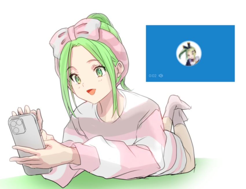 1girl 22/7 bxtbsy7q76gxh73 cellphone green_eyes grey_hair highres holding holding_phone kiryu_touko lying on_stomach open_mouth phone smartphone socks solo white_background