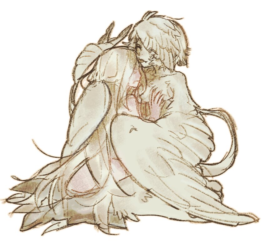 2girls animal_feet blonde_hair breasts commentary completely_nude english_commentary feathered_wings full_body hand_on_another&#039;s_chest head_wings highres interspecies licking licking_another&#039;s_face long_hair multiple_girls nude original senmaze short_hair simple_background small_breasts tail tongue tongue_out very_long_hair white_background winged_tail wings yuri