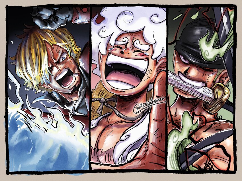 3boys ^_^ bandana black_bandana blonde_hair blue_fire cigarette closed_eyes commentary facial_hair fire gear_fifth goatee green_hair hair_over_one_eye haki_(one_piece) hat highres ifrit_jambe laughing male_focus monkey_d._luffy multiple_boys one_piece open_mouth rashad roronoa_zoro sanji_(one_piece) sideburns signature straw_hat weapon_in_mouth white_hair