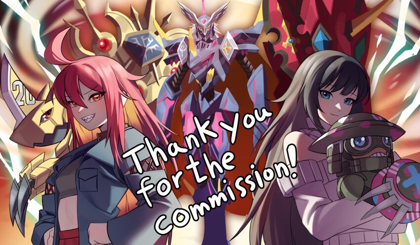 10_09hwan 2girls armor bare_shoulders black_hair blue_eyes blue_jacket bryweludramon commentary commission digimon digimon_(creature) durandamon evolutionary_line fewer_digits forehead_jewel gold_armor group_picture helmet highres holding horns jacket knight long_hair ludomon multiple_girls on_shoulder pink_sweater purple_armor ragnalordmon red_eyes red_hair sharp_teeth shield shirt single_horn strapless strapless_shirt sweater sword teeth thank_you weapon white_hair winged_helmet zubamon
