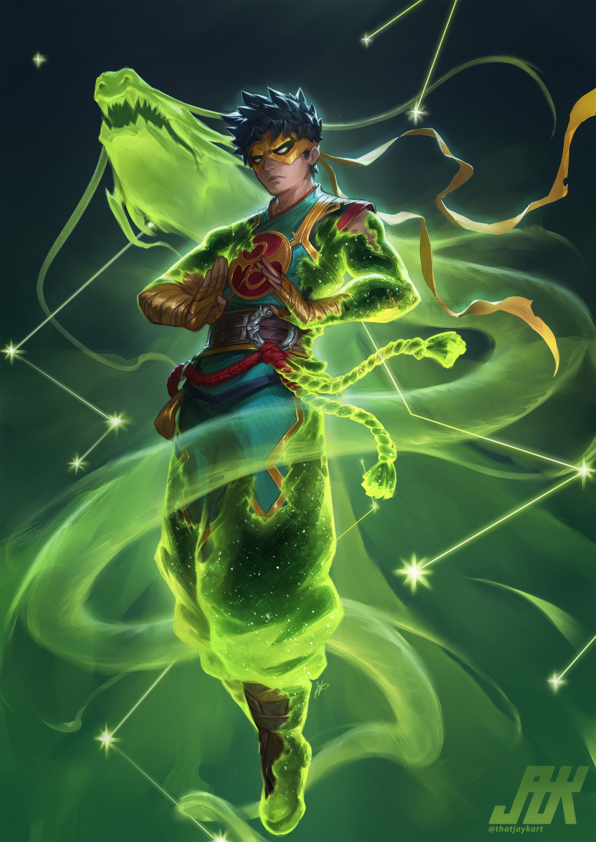1boy absurdres aqua_pants arm_wrap artist_name belt belt_buckle black_hair brown_belt brown_footwear buckle chinese_clothes dragon eastern_dragon green_aura green_background green_theme highres iron_fist_(marvel) lin_lie_(marvel) male_focus marvel marvel_rivals pants short_hair signature spiked_hair thatjaykart yellow_mask