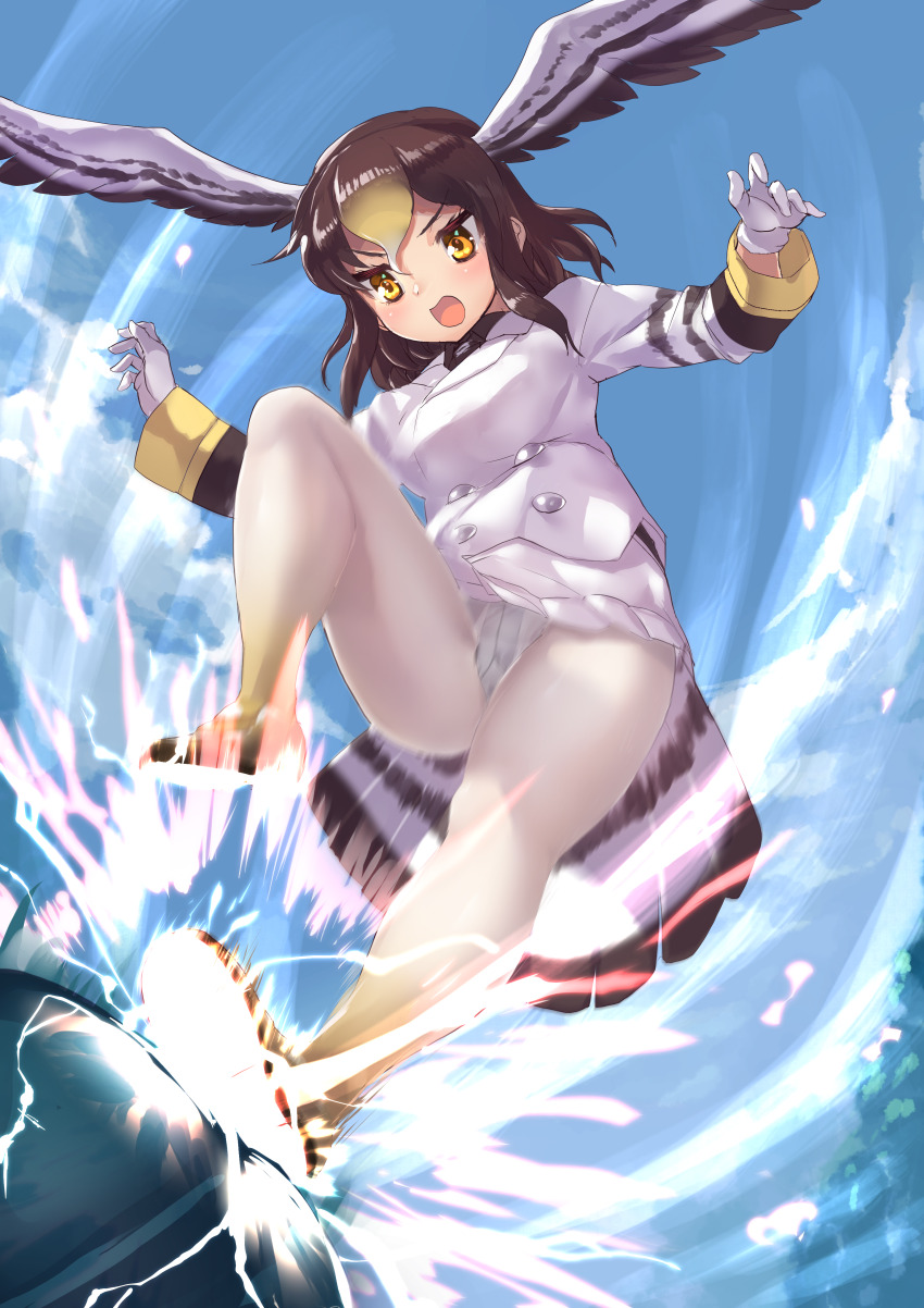 1girl absurdres bird_tail blonde_hair blue_sky brown_hair cellien_(kemono_friends) cloud commentary flying_kick full_body gloves hair_between_eyes head_wings highres jacket kemono_friends kicking long_sleeves medium_hair northern_goshawk_(kemono_friends) open_mouth orange_eyes panties pantyhose skirt sky solo tadano_magu tail underwear white_gloves white_jacket white_panties white_skirt wings