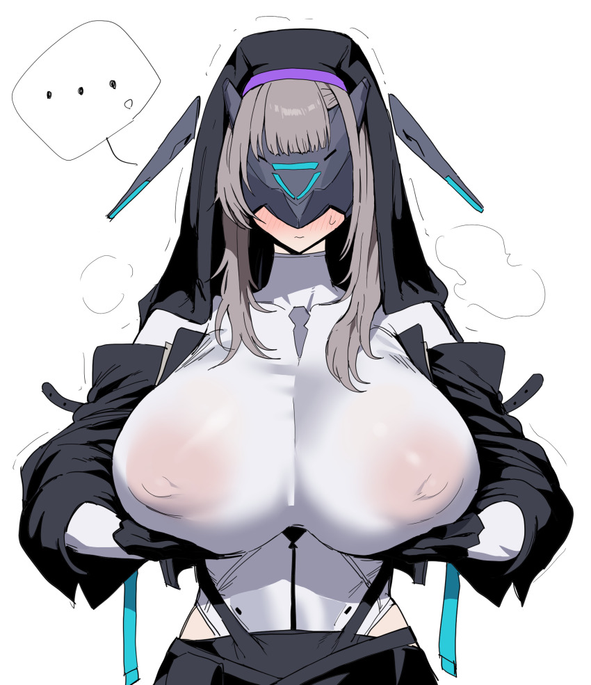 ... 1girl breasts captain_(chaos_zero_nightmare) chaos_zero_nightmare commentary_request covered_erect_nipples eye_mask female_captain_(chaos_zero_nightmare) grey_hair highres huge_breasts large_areolae mask medium_hair nipples see-through_clothes see-through_shirt shirt simple_background solo spoken_ellipsis white_background xipa