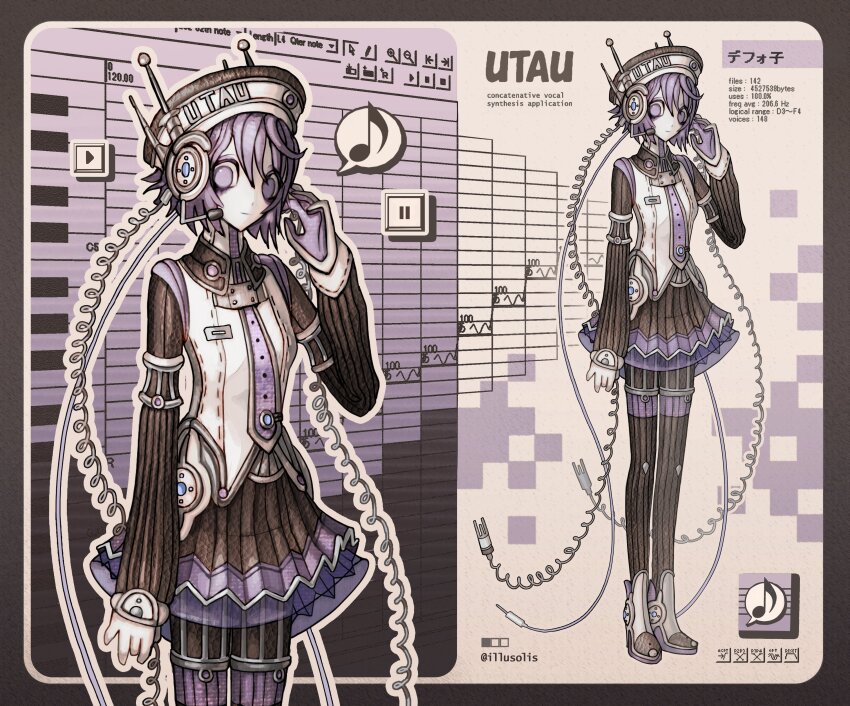 1girl absurdres alternate_costume audio_jack audio_visualizer beret black_skirt black_sleeves collared_shirt commentary eighth_note english_commentary hat headphones highres illusolis looking_at_viewer microphone microphone_cord multiple_views musical_note necktie piano_keys pleated_skirt purple_eyes purple_hair purple_necktie radio_antenna retro_artstyle robot shirt short_hair skirt solo thighhighs utane_uta utau zettai_ryouiki