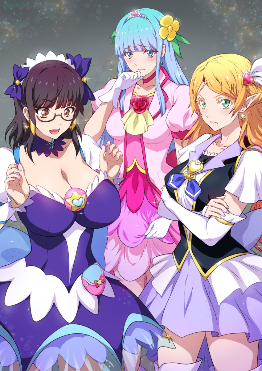 3girls black_hair blonde_hair blue_eyes blue_hair breasts brooch brown_eyes cleavage closed_mouth collar collarbone cosplay cowboy_shot cure_fortune_(cosplay) cure_grace_(cosplay) cure_selene_(cosplay) detached_sleeves dress fujimiya_sumika_(isekai_ojisan) glasses gloves green_eyes grey_background happinesscharge_precure! healin&#039;_good_precure heart heart_brooch highres isekai_ojisan jewelry joy_ride large_breasts looking_at_viewer mabel_raybert magical_girl matching_hair/eyes medium_breasts multiple_girls nail_polish open_mouth pointy_ears precure purple_dress short_hair short_sleeves standing star_(sky) star_twinkle_precure sui_(isekai_ojisan) thighs tiara voice_actor_connection white_gloves