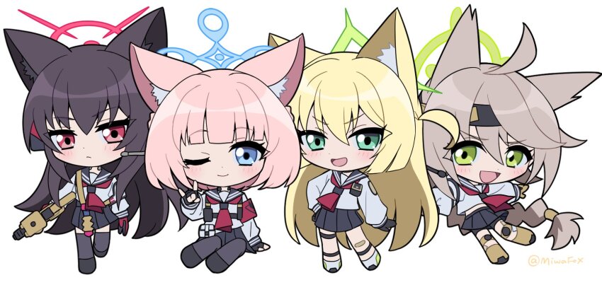 4girls :d ;) animal_ear_fluff animal_ears aqua_eyes black_gloves black_hair black_pantyhose black_sailor_collar black_skirt black_thighhighs blonde_hair blue_archive blue_eyes blue_halo blunt_bangs blunt_ends blush brown_gloves brown_hair chibi chibi_only closed_mouth commentary fingerless_gloves fox_ears fox_girl fox_platoon_(blue_archive) fox_shadow_puppet frown full_body gloves green_eyes green_halo gun halo hand_on_own_hip hand_up highres holding holding_gun holding_weapon knee_pads kurumi_(blue_archive) long_hair long_sleeves looking_at_viewer medium_hair miniskirt minowa_sukyaru multiple_girls neckerchief niko_(blue_archive) one_eye_closed open_mouth otogi_(blue_archive) outstretched_arms pantyhose pink_hair pleated_skirt red_eyes red_halo red_neckerchief sailor_collar sailor_shirt school_uniform serafuku shirt sidelocks simple_background sitting skirt smile smug standing thighhighs twitter_username v-shaped_eyebrows very_long_hair weapon white_background white_shirt yokozuwari yukino_(blue_archive) zettai_ryouiki