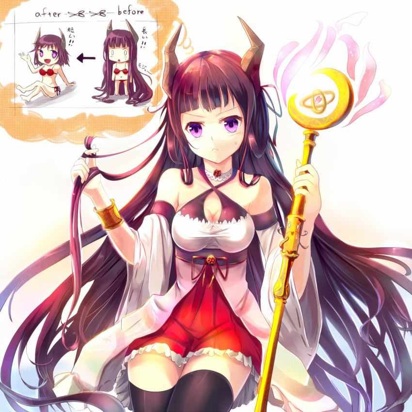 0_0 1girl :&lt; bikini black_hair black_thighhighs breasts female_focus flying_sweatdrops highres holding horns long_hair original playing_with_hair playing_with_own_hair purple_eyes sakura_ani short_hair side-tie_bikini_bottom sitting solo speech_bubble staff swimsuit thighhighs thought_bubble translation_request very_long_hair