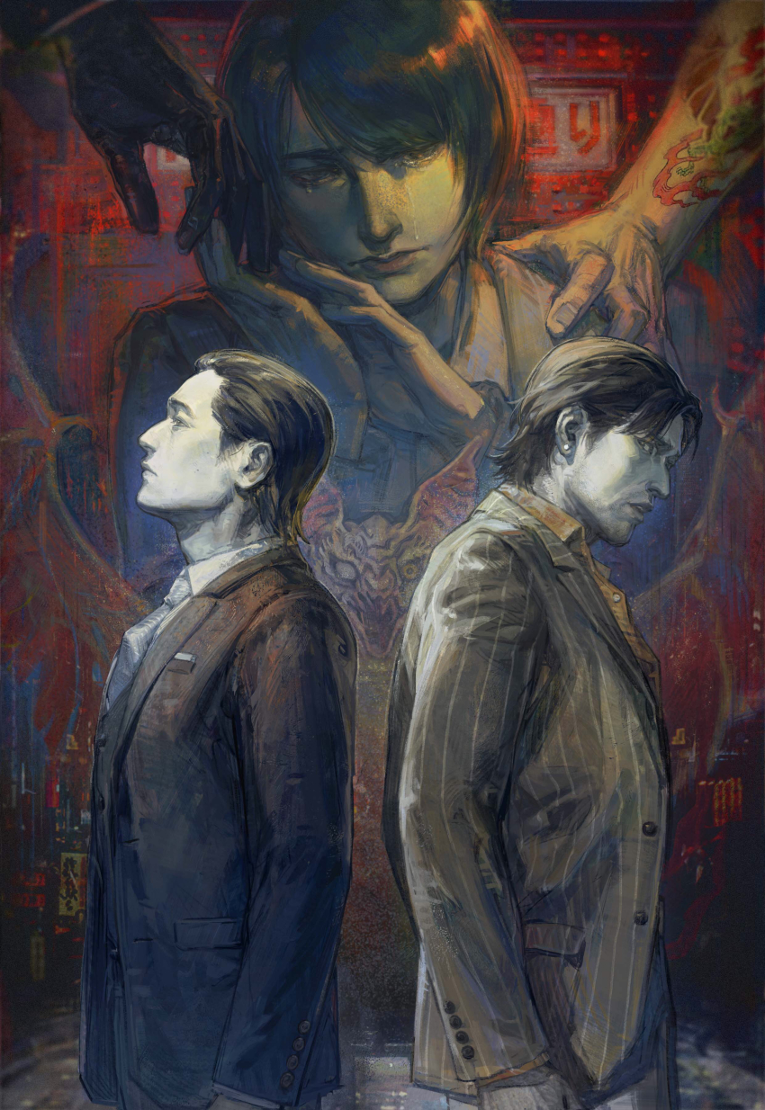 1girl 2boys absurdres arm_tattoo back-to-back black_gloves black_hair black_jacket commentary_request creamyghost earrings fingernails gloves hair_slicked_back highres jacket jewelry long_sleeves makimura_makoto multiple_boys oda_jun parted_lips ryuu_ga_gotoku_(series) ryuu_ga_gotoku_0 short_hair striped_clothes striped_jacket tachibana_tetsu tattoo
