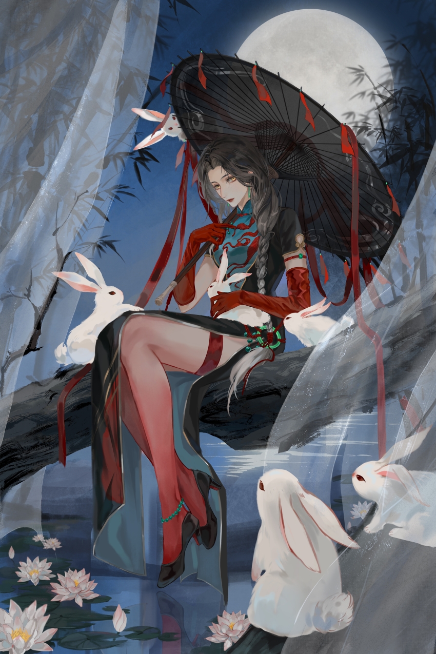 1girl absurdres angell_(path_to_nowhere) anklet armlet asymmetrical_gloves bamboo bamboo_leaf bead_anklet beads black_dress black_footwear black_hair blue_dress braid branch china_dress chinese_clothes chinese_commentary clear_sky commentary dong_feng_feng dress earrings elbow_gloves flower forehead full_body full_moon gloves gradient_hair gradient_thighhighs grey_hair hair_over_shoulder high_heels highres holding holding_umbrella jade_(gemstone) jewelry lily_pad long_hair looking_at_viewer lotus mismatched_gloves moon multicolored_hair night night_sky official_alternate_costume oil-paper_umbrella on_tree parted_bangs path_to_nowhere pond rabbit red_gloves red_thighhighs reflection reflective_water side_slit sitting sky solo thighhighs transparent transparent_umbrella two-tone_dress umbrella very_long_hair water white_rabbit_(animal) yellow_eyes