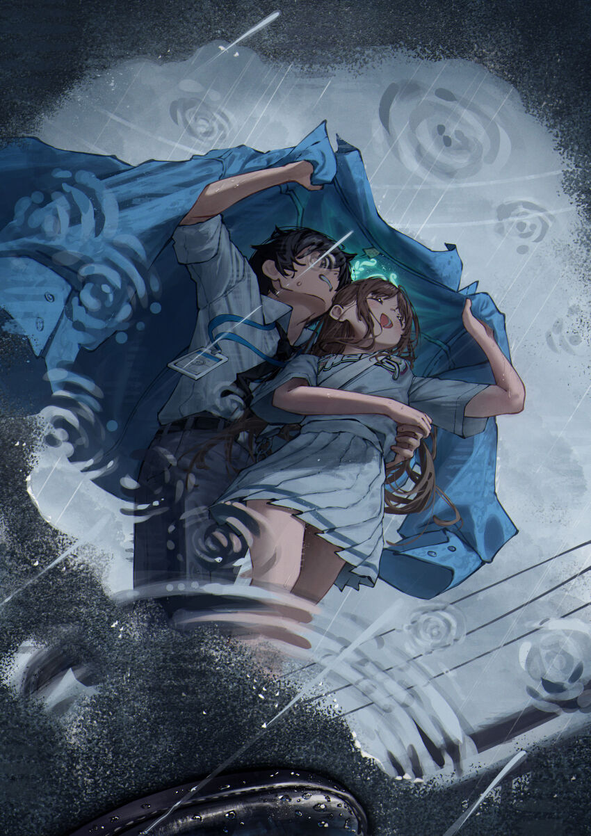 1boy 1girl :d absurdres airi_(band)_(blue_archive) airi_(blue_archive) bag betabeet black_footwear black_hair black_necktie black_pants blue_archive blue_jacket blue_pants brown_hair clenched_teeth closed_eyes collared_shirt green_halo halo handbag highres holding holding_jacket holding_unworn_clothes id_card improvised_umbrella jacket lanyard long_hair long_sideburns necktie open_mouth outdoors pants pleated_skirt print_shirt puddle rain reflection reflective_water running sensei_(blue_archive) shared_improvised_umbrella shirt short_hair short_sleeves sideburns skirt sleeves_rolled_up smile sweat sweatdrop teeth unworn_jacket very_long_hair white_shirt white_skirt