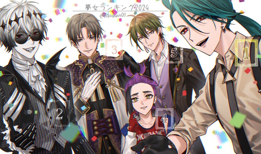 00kashian00 1girl 4boys armor ascot black_gloves black_hair black_jacket collared_shirt confetti crossover gloves green_eyes green_hair grin heshikiri_hasebe highres jacket japanese_armor japanese_clothes kieran_(pokemon) kusanagi_haku looking_at_viewer multiple_boys multiple_crossover necktie nintendo open_mouth pale_skin pokemon pokemon_sv purple_hair red_eyes red_gloves rika_(pokemon) round_eyewear shirt skully_j._graves smile suspenders tassel tokyo_debunker touken_ranbu twisted_wonderland twitter_username white_ascot white_gloves yellow_eyes