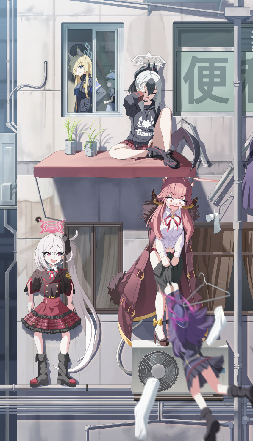 6+girls absurdres aru_(blue_archive) black_hair black_hoodie black_shoes black_skirt black_wings blue_archive blush brown_coat brown_jacket brown_shoes building closed_eyes clothes_grab clothes_hanger coat collared_shirt commentary_request condenser_unit fur-trimmed_coat fur_trim garados_(limmjiiiminnn99) grey_hair halo haruka_(blue_archive) high_heels highres hood hoodie jacket kanna_(blue_archive) kayoko_(blue_archive) leg_up long_hair long_sleeves looking_at_another miniskirt motion_blur multiple_girls mutsuki_(blue_archive) neck_ribbon open_mouth panties pink_eyes pink_hair pleated_skirt problem_solver_68_(blue_archive) purple_eyes purple_hair red_panties red_ribbon red_skirt ribbon shirt shoes side_ponytail single_wing sitting skirt standing sweat underwear v-shaped_eyebrows valkyrie_police_academy_student_(sg)_(blue_archive) white_shirt window wings
