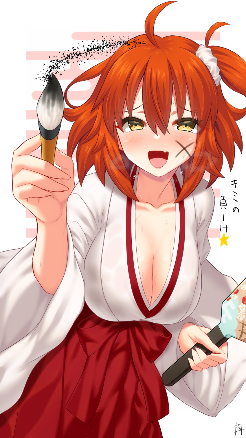 1girl absurdres ahoge blush breasts calligraphy_brush cleavage facial_mark fate/grand_order fate_(series) fujimaru_ritsuka_(female) fujimaru_ritsuka_(female)_(new_year&#039;s_attire) guriguri_(arayotto4351) hakama hakama_skirt highres japanese_clothes kimono large_breasts long_sleeves looking_at_viewer one_side_up open_mouth orange_eyes orange_hair paddle paintbrush red_hakama short_hair skirt smile solo translation_request white_kimono wide_sleeves
