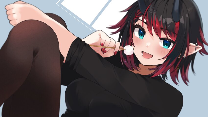 1girl :d absurdres alternate_costume black_hair black_shirt blue_eyes blush breasts brown_pantyhose commentary demon_girl demon_horns feet_out_of_frame fingernails highres horns large_breasts long_sleeves looking_at_viewer mimikaki multicolored_hair nanashi_inc. open_mouth pantyhose pointy_ears red_hair red_nails ryugasaki_rene shirt short_hair sitting smile solo two-tone_hair virtual_youtuber zono_(inokura_syuzo029)