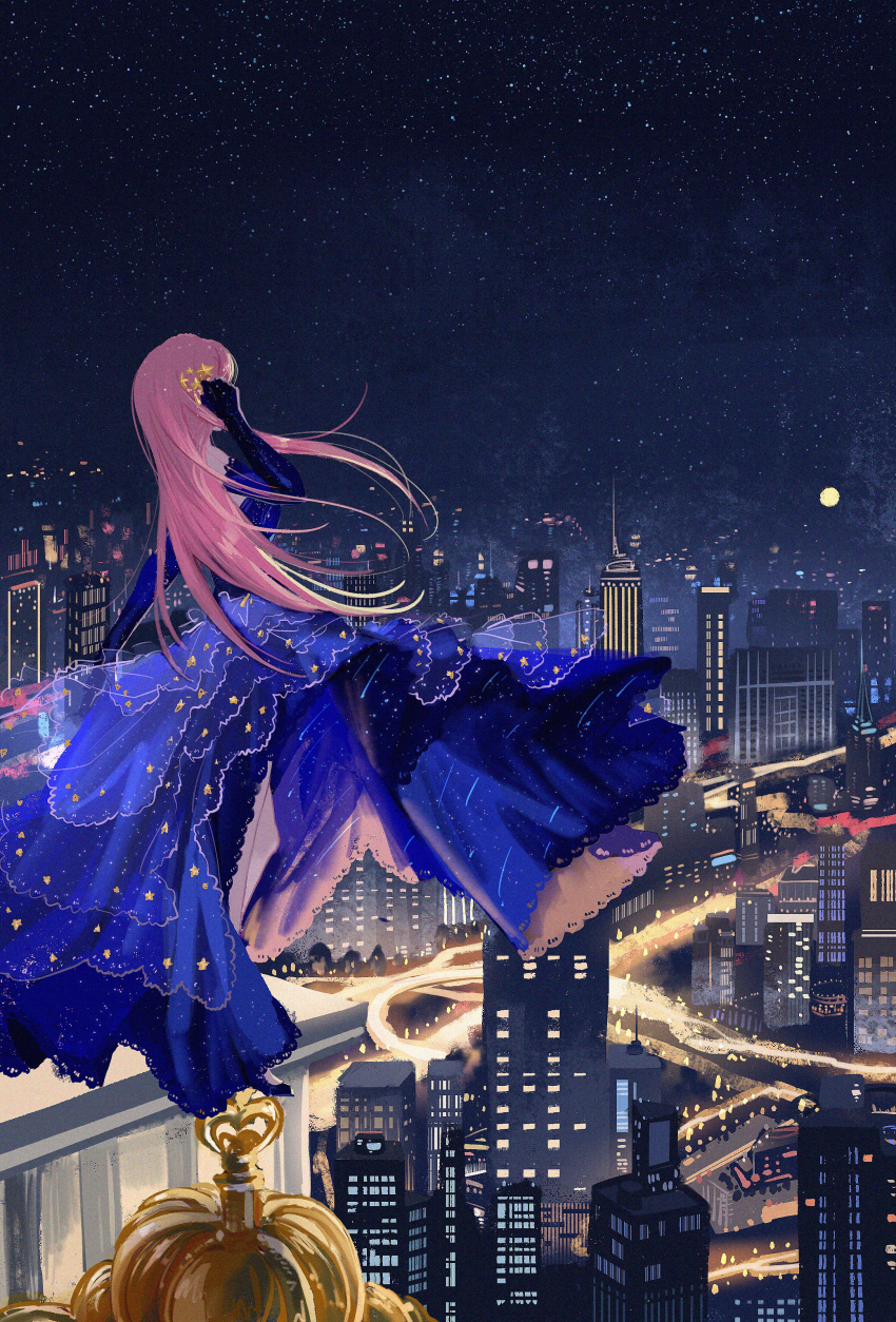 1girl absurdres adjusting_hair bra chinese_commentary city commentary_request confeitoo dress elbow_gloves floating_clothes floating_hair from_behind full_body full_moon gloves gown hair_ornament highres lace lace-trimmed_bra lace_trim long_dress long_hair moon night night_sky nikki_(nikki) nikki_(series) on_roof outdoors pillar pink_hair purple_dress purple_gloves shining_nikki sky solo standing star_(sky) star_(symbol) star_hair_ornament star_print star_sea_(nikki) starry_sky starry_sky_print straight_hair underwear very_long_hair wind