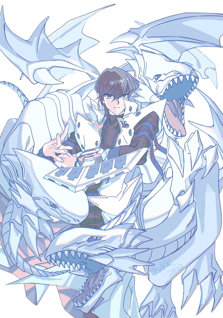 1boy absurdres black_shirt blue-eyes_white_dragon brown_hair coat cowboy_shot dragon duel_disk duel_monster highres kaiba_seto sharp_teeth shirt short_hair simple_background skmkst teeth white_background white_coat yu-gi-oh! yu-gi-oh!_duel_monsters
