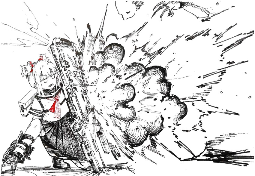 &gt;:( 1girl absurdres asahi_(shiokaze1409) blame! explosion gun highres on_one_knee original safeguard_(blame!) sailor_collar sharp_teeth shield shielding shiokaze1409 short_twintails skirt solo teeth twintails v-shaped_eyebrows weapon
