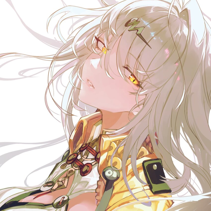 1girl collared_vest hair_ornament highres long_hair sas_(ls08b) simple_background single_hair_intake solo upper_body vest white_background white_hair yellow_eyes yellow_vest yixuan_(zenless_zone_zero) yin_yang_pin zenless_zone_zero